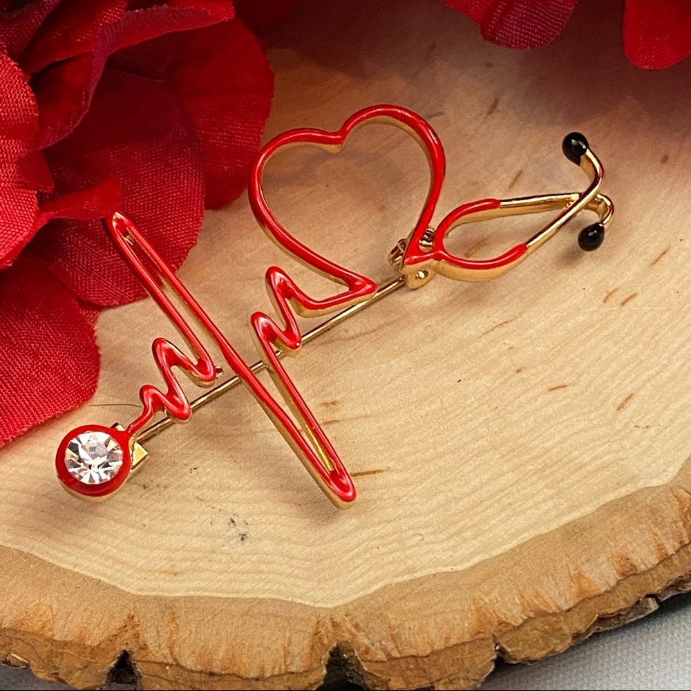 Red Heartbeat Stethoscope Brooch Lapel Pin - Picture 11 of 16